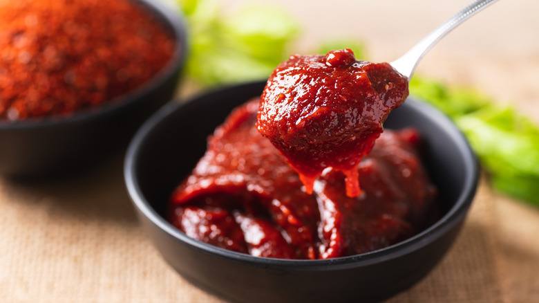 A spoonful of gochujang and dipping bowl filled with it