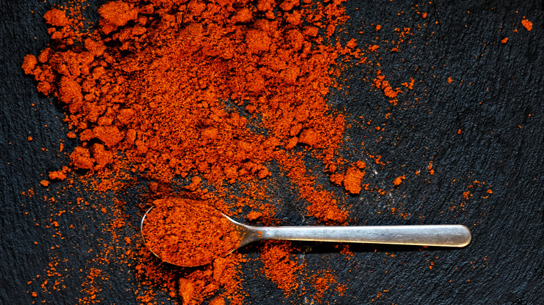 Spoon of paprika with the spice splattered across the background