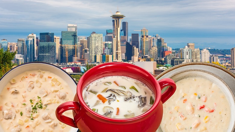 Bowls of chowder and Seattle skyline