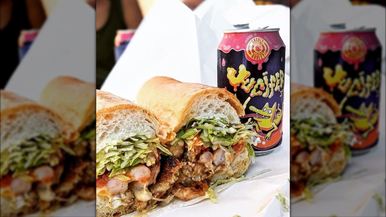 Shrimp and catfish po'boy with Juicifer canned beer