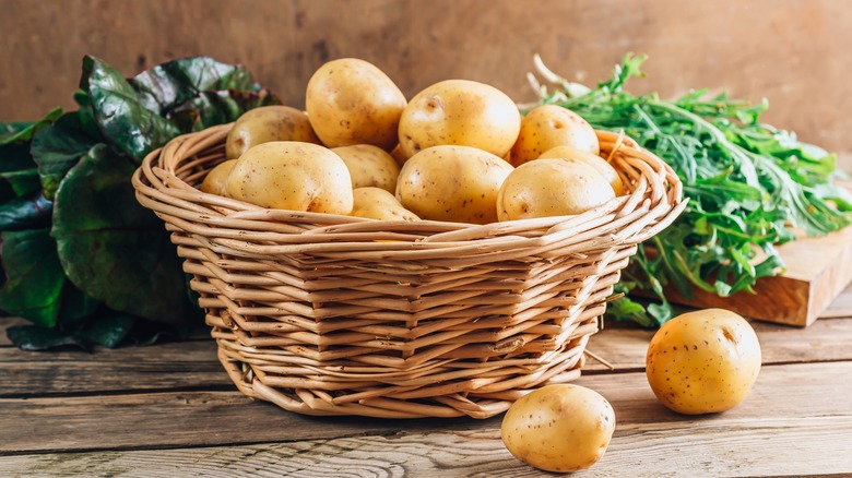 Baby potatoes in woven basket