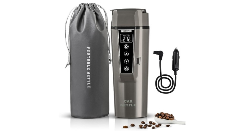 Blongky 13.5-ounce Portable Electric Car Kettle with accessories and coffee grounds against a white background