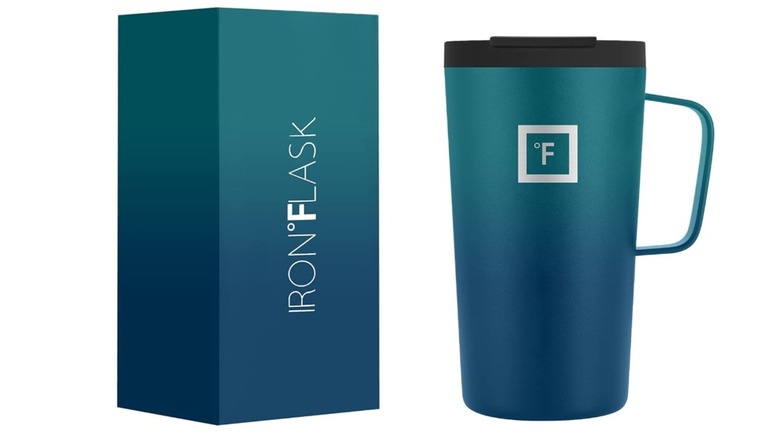 Iron Flask Travel Mug and box against a white background