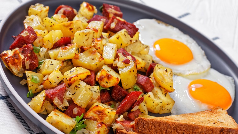 Hash browns with eggs, toast