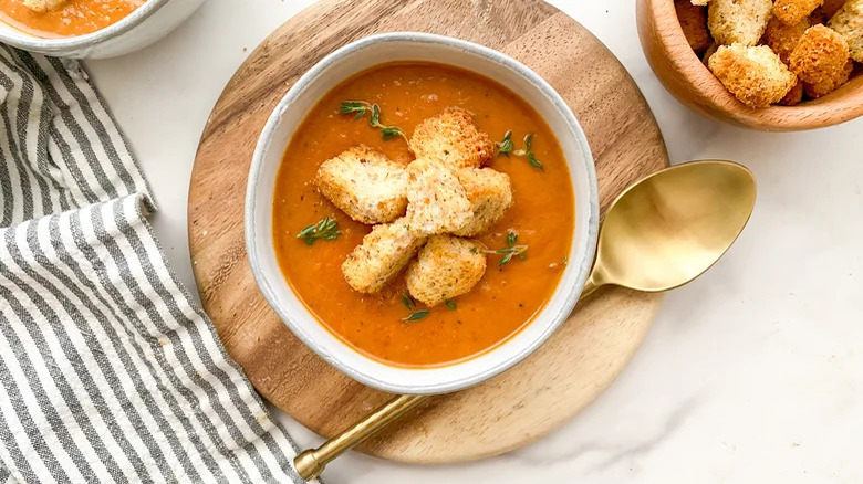 Soup with croutons in bowl