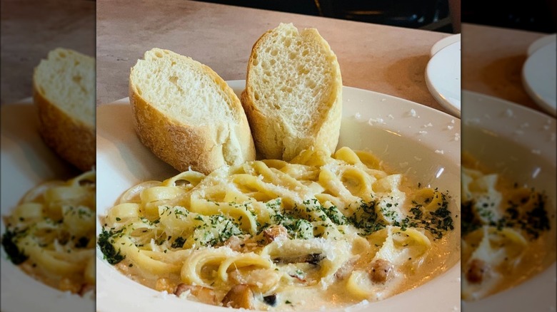 anchovy carbonara pasta with bread