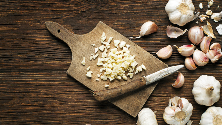 Chopped garlic on cutting board