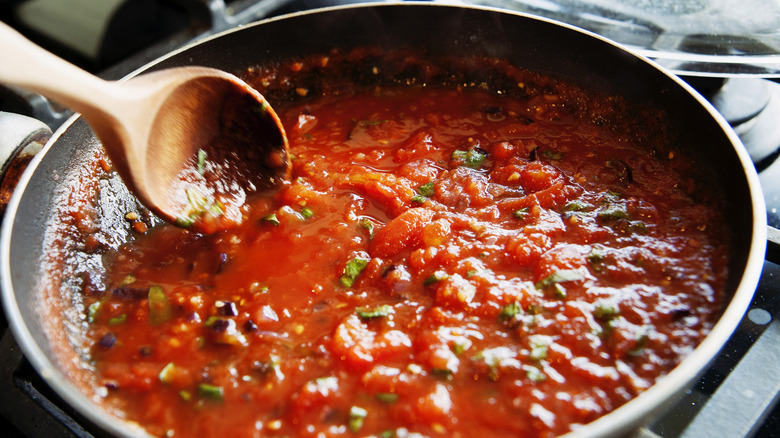 Spaghetti sauce in a saucepan