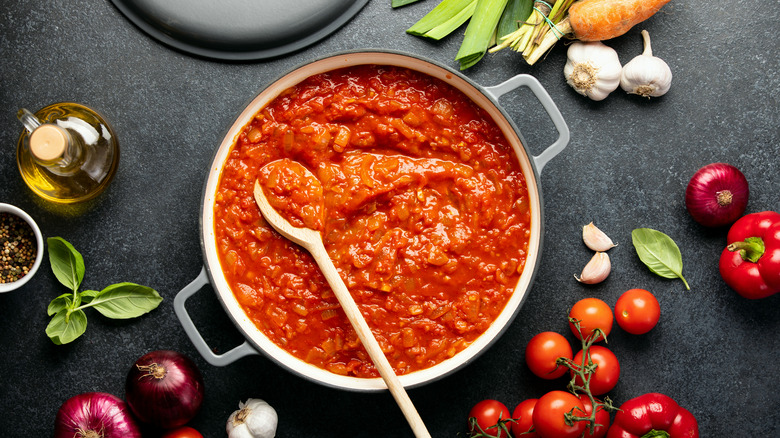 Spaghetti sauce in a saucepan