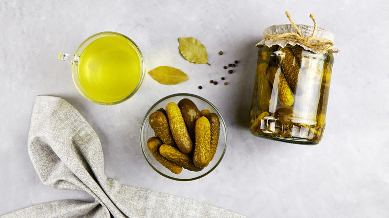 Pickle jar and bowl of pickles