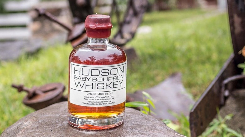 Bottle of Hudson whiskey taken in nature with greenery in the back