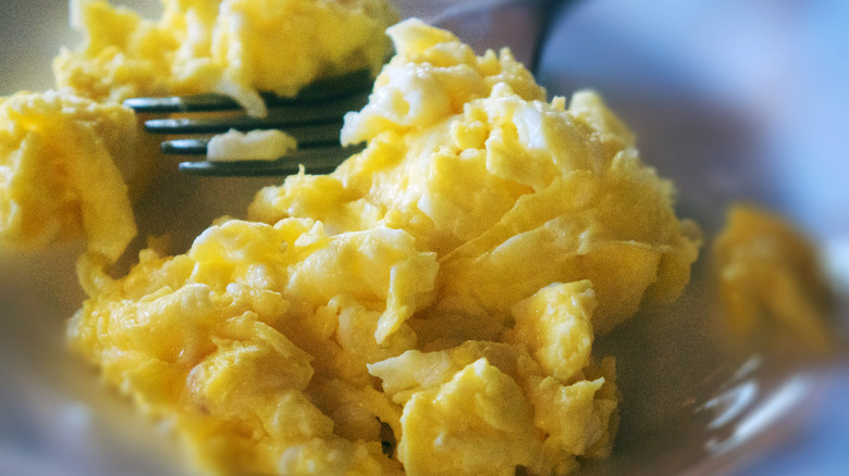 Scrambled eggs and a fork