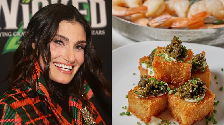 Idina Menzel smiling, caviar tater tots