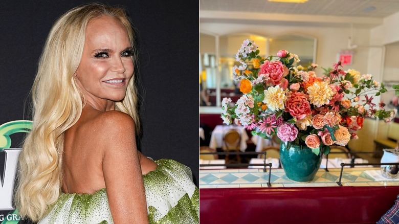 Kristin Chenoweth smiling, restaurant flowers