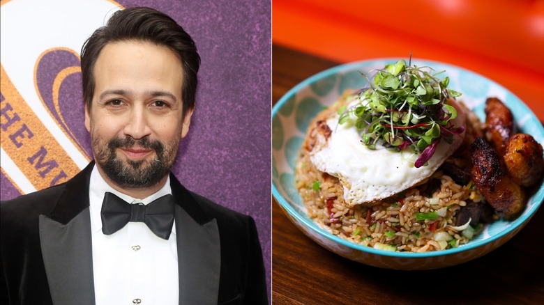 Lin-Manuel Miranda smiling, rice dish