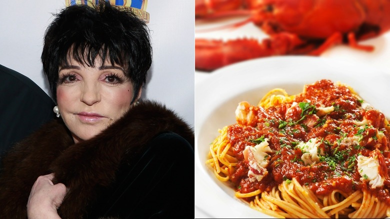 Liza Minnelli posing, pasta dish lobster