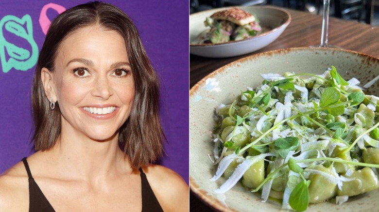 Sutton Foster smiling, English pea gnocchi