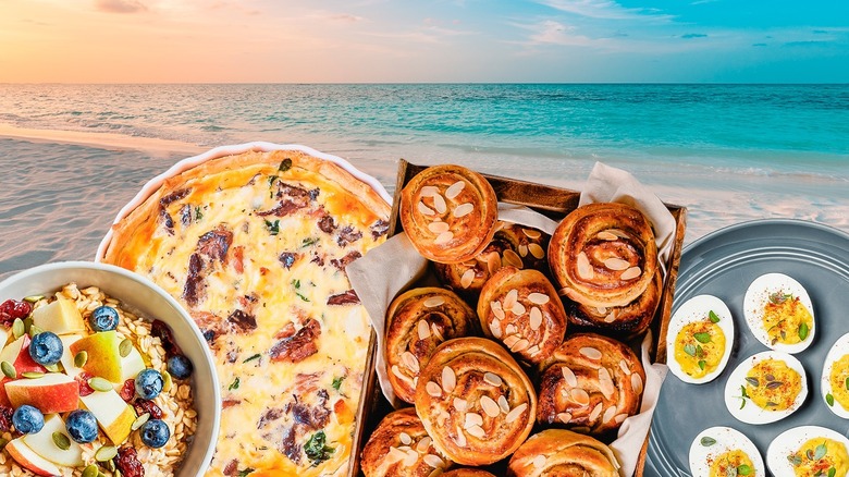 Composite image of various brunch dishes including oats, quiche, cinnamon rolls, and deviled eggs with a beach image in the back