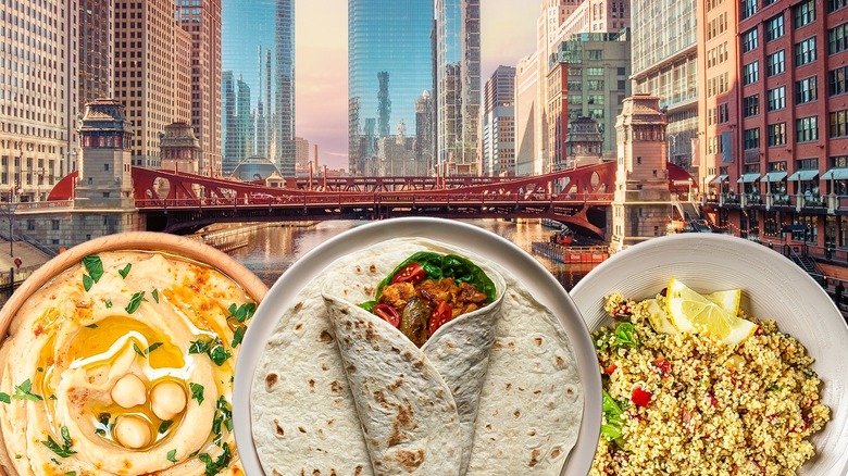 Mediterranean dishes with the Chicago skyline in the background