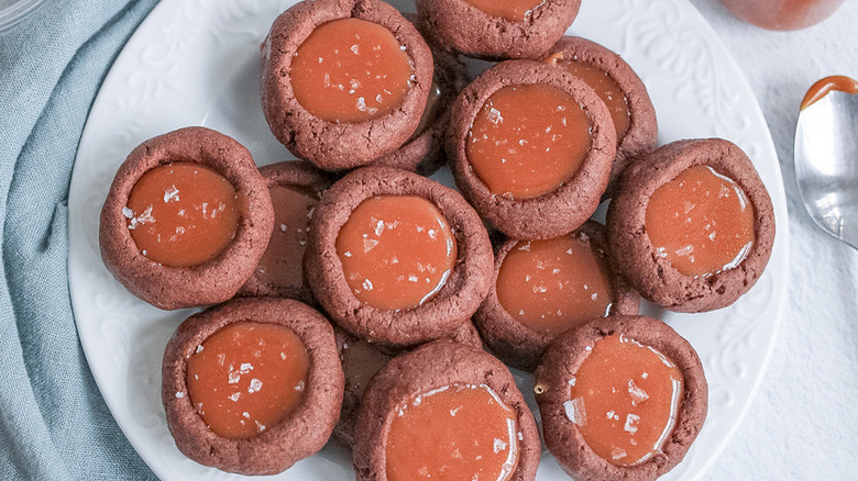 chocolate caramel thumbprint cookies