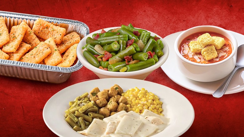 Four chain restaurant side dishes against a red background