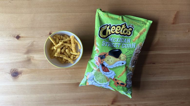 Mexican Street Corn Cheetos bag with bowl on wooden table