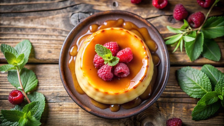 Overhead shot of flan topped with raspberries and mint