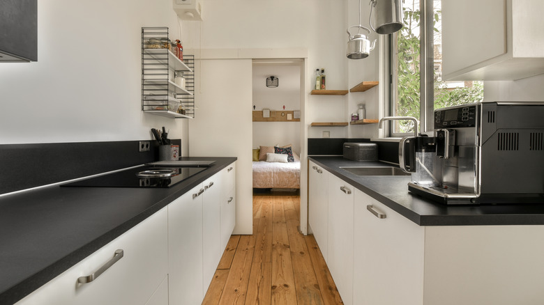 Black and white galley kitchen leading to bedroom