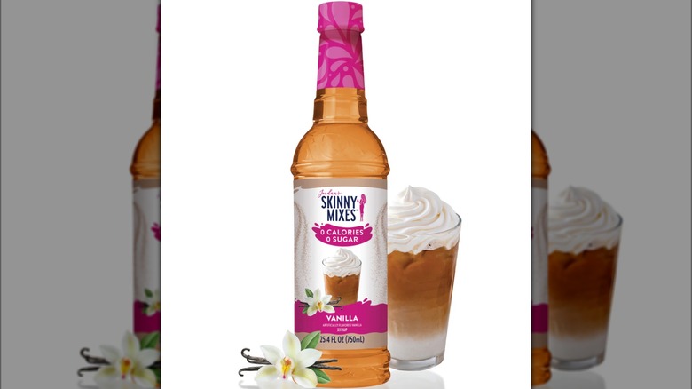 Jordan's Skinny Mixes vanilla syrup bottle and coffee drink