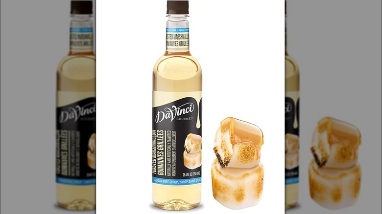 DaVinci Gourmet roasted marshmallow coffee syrup bottle next to marshmallows