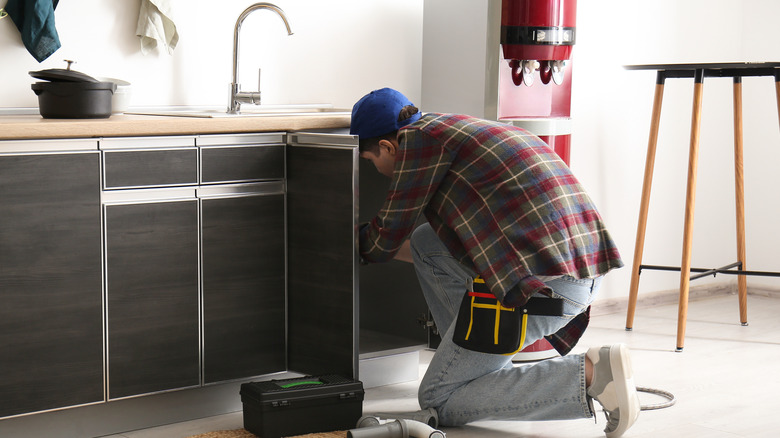 A plumber working on a kitchen sink