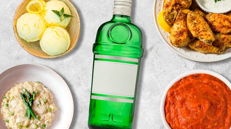 gin bottle with food dishes