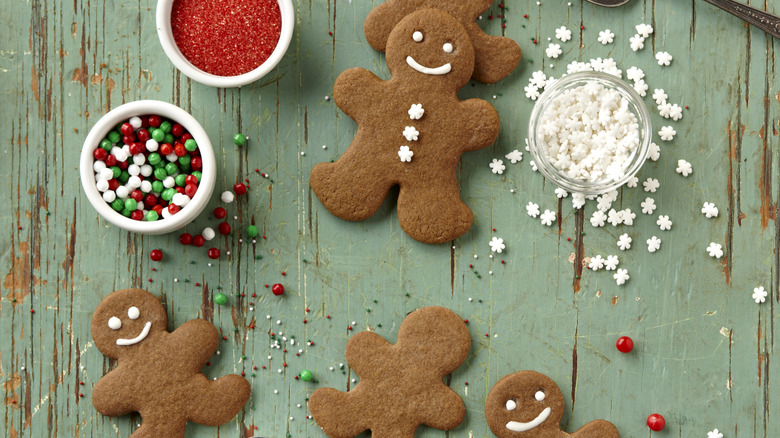 Gingerbread men with an assortment of candies and sprinkles