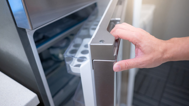 Hand opening fridge door