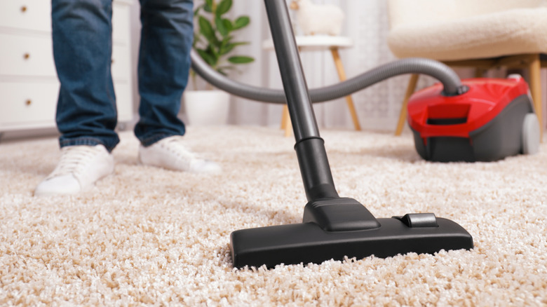 Person vacuuming a carpet