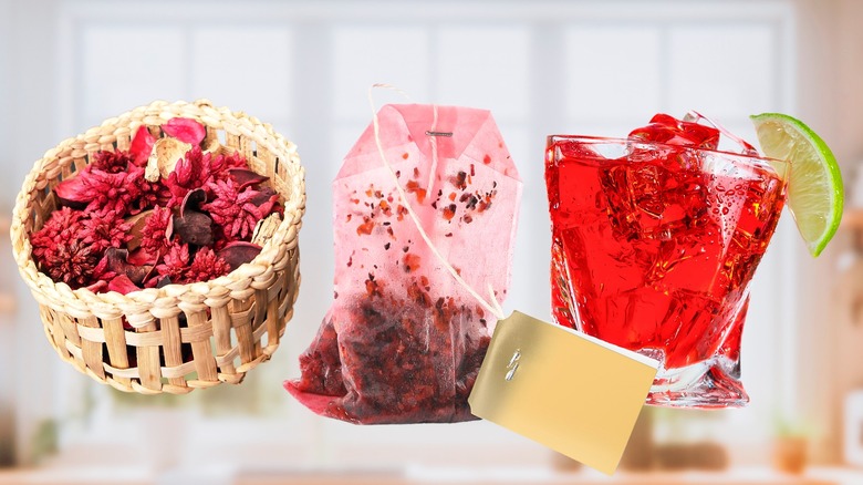 Tea bags with beverage and petals