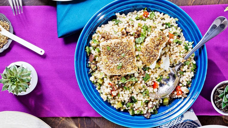 dukkah crusted halibut with couscous