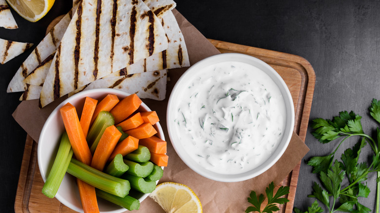 yogurt dip with carrots and celery 