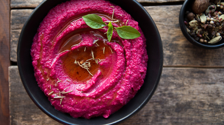 Beet hummus in bowl