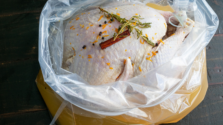 Whole chicken brining in bag