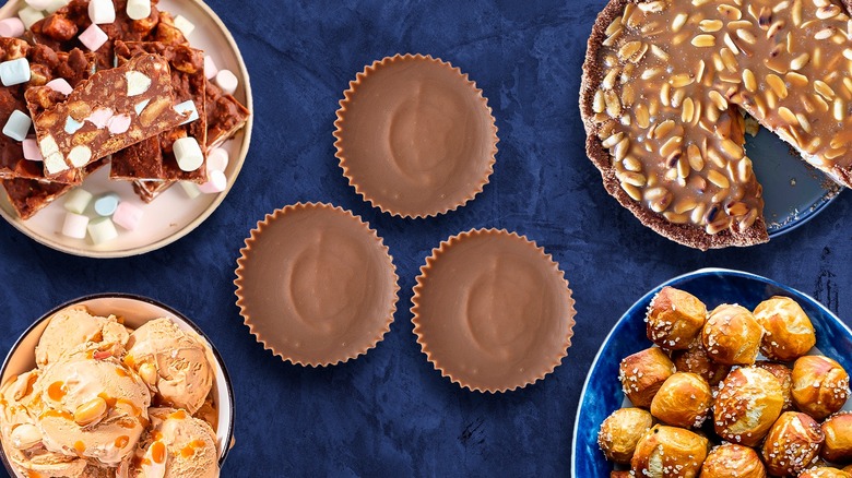 Composite image featuring peanut butter cups and recipes using them