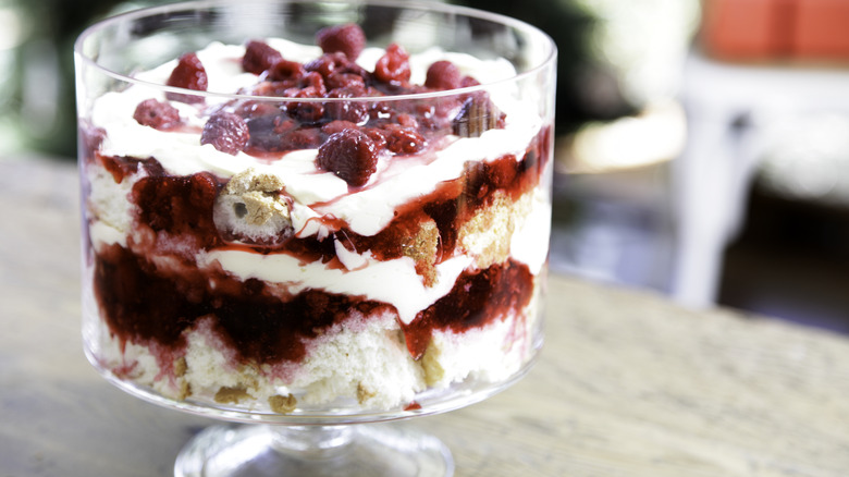 Raspberry trifle in a traditional trifle dish