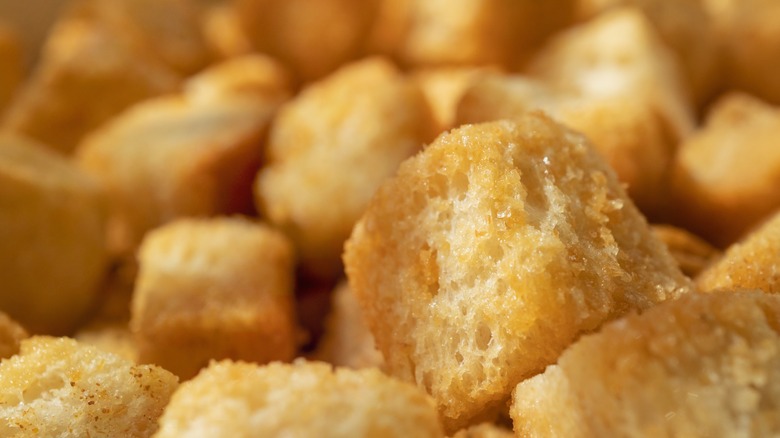 Close up of cubed croutons