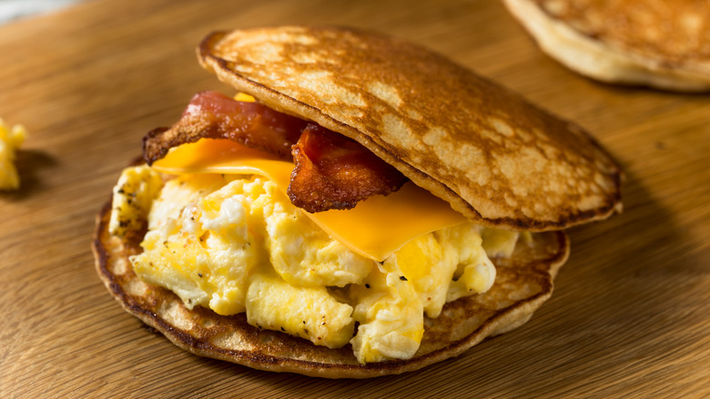 Breakfast sandwich made with pancakes