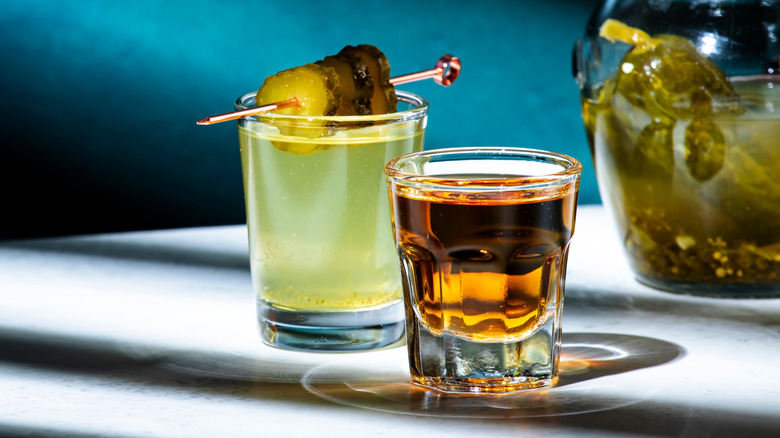 Pickleback shot on white bar