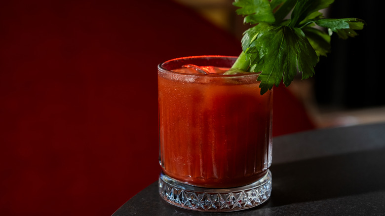 Bloody Mary cocktail with celery in tumbler glass on table