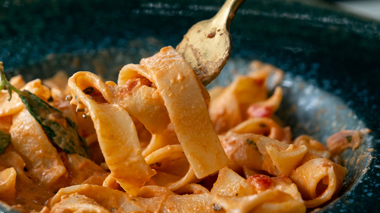 A close-up of flat pasta strands doused in a thick red sauce with some strands wrapped around a fork