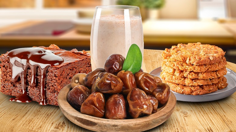 Composite image featuring a bowl of fresh dates in front of recipes using dates