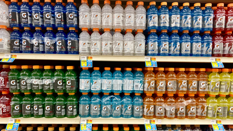 Colorful Gatorade bottles on supermarket shelves
