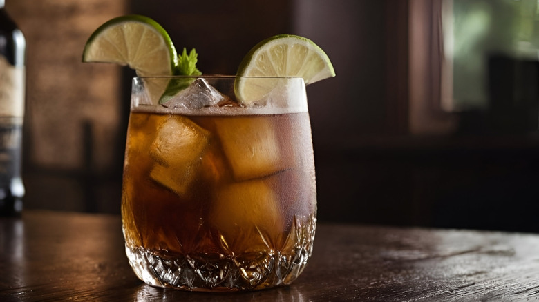 Dark 'n stormy cocktail in a glass with ice and two lime wedges sitting on a table